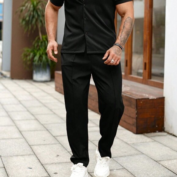 Black Casual Mens Solid Button Up Shirt & Pants - Picture 3 of 5